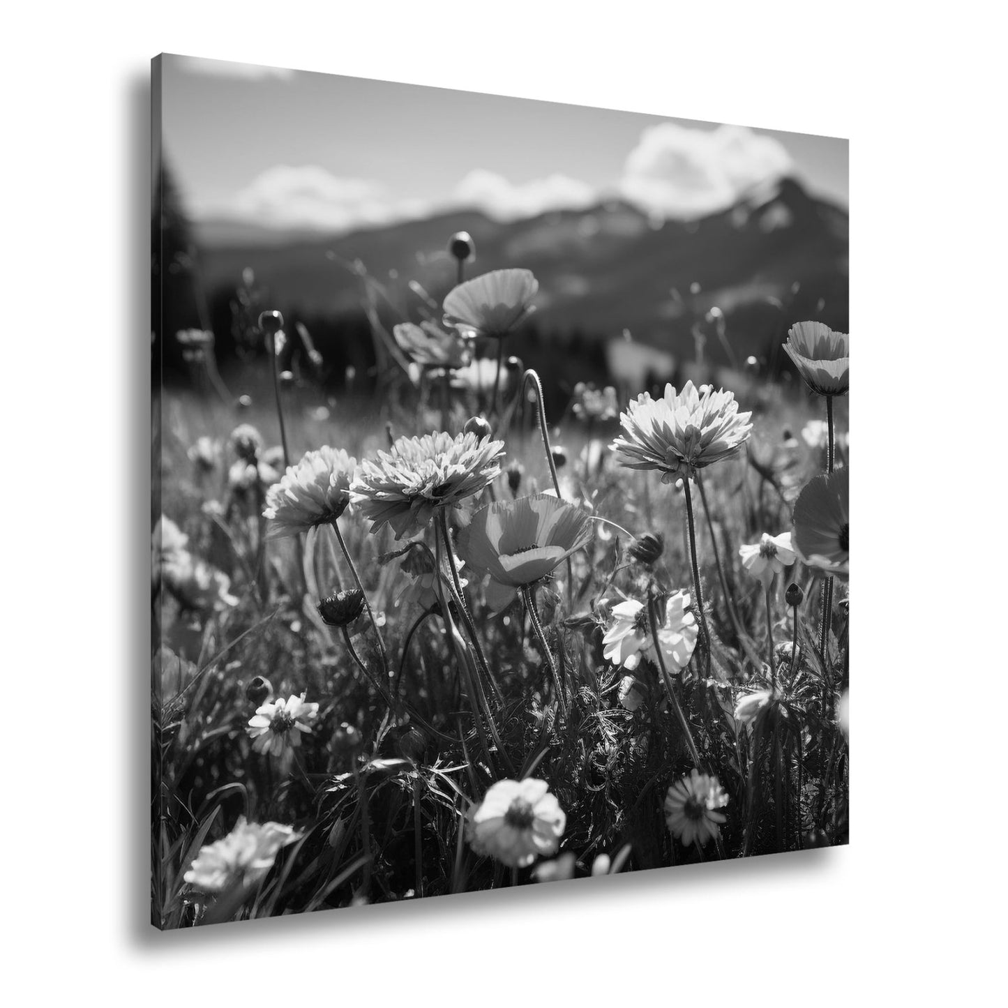 Leinwandbild Farbenfrohe Wiesenblumen tanzen vor Bergkulisse. - deyoli