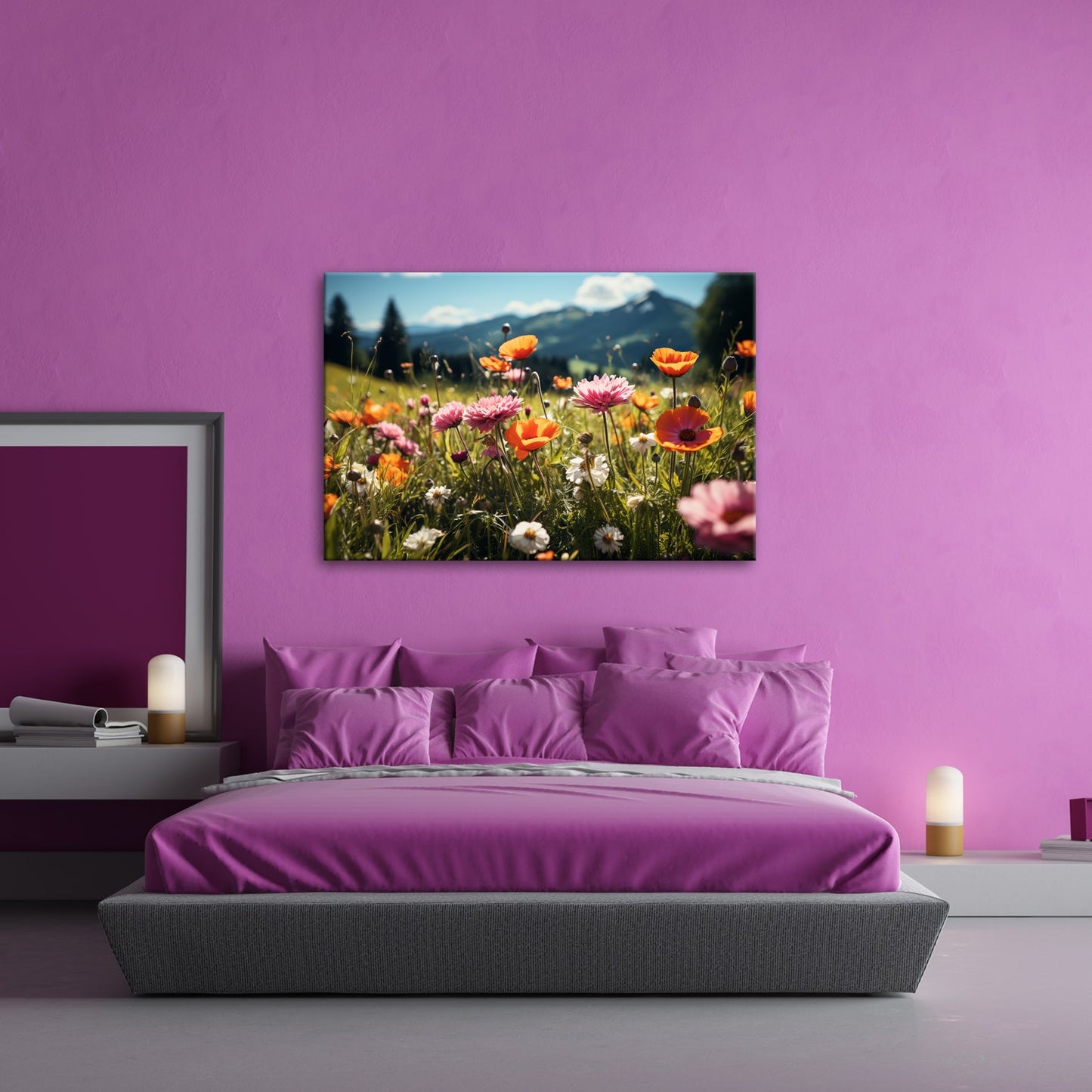 Leinwandbild Farbenfrohe Wiesenblumen tanzen vor Bergkulisse. - deyoli