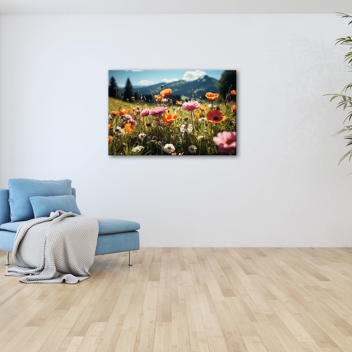Leinwandbild Farbenfrohe Wiesenblumen tanzen vor Bergkulisse. - deyoli