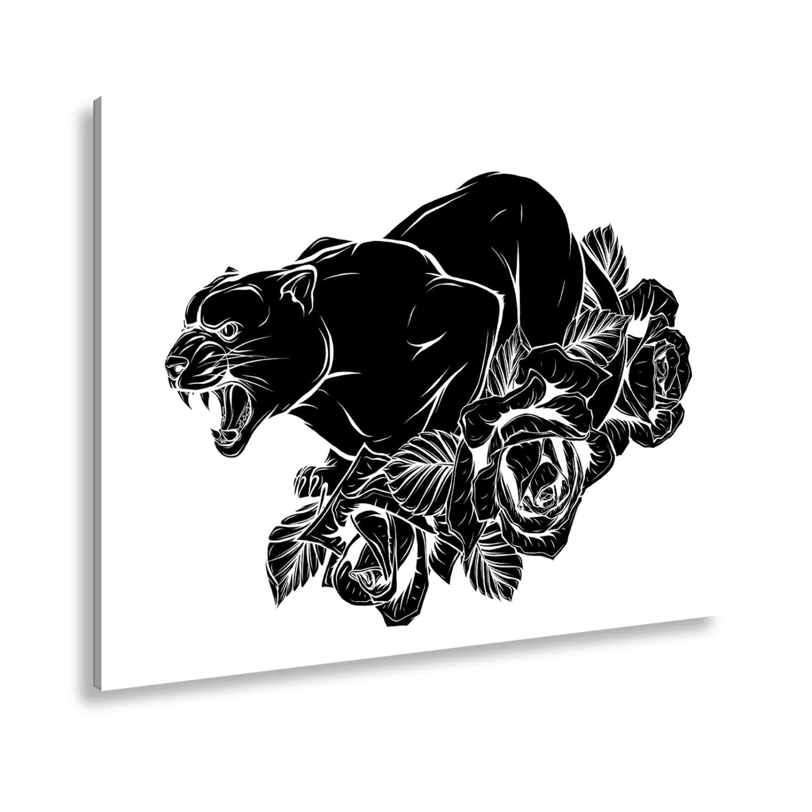 Leinwandbild Fauchender Panther, umgeben von Rosen voller dunkler Eleganz - deyoli