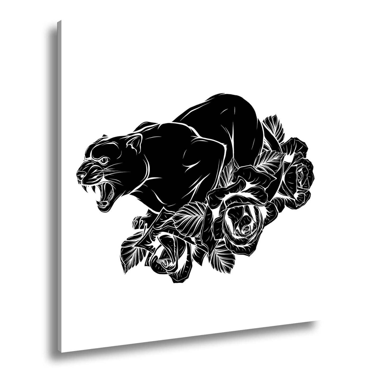 Leinwandbild Fauchender Panther, umgeben von Rosen voller dunkler Eleganz - deyoli