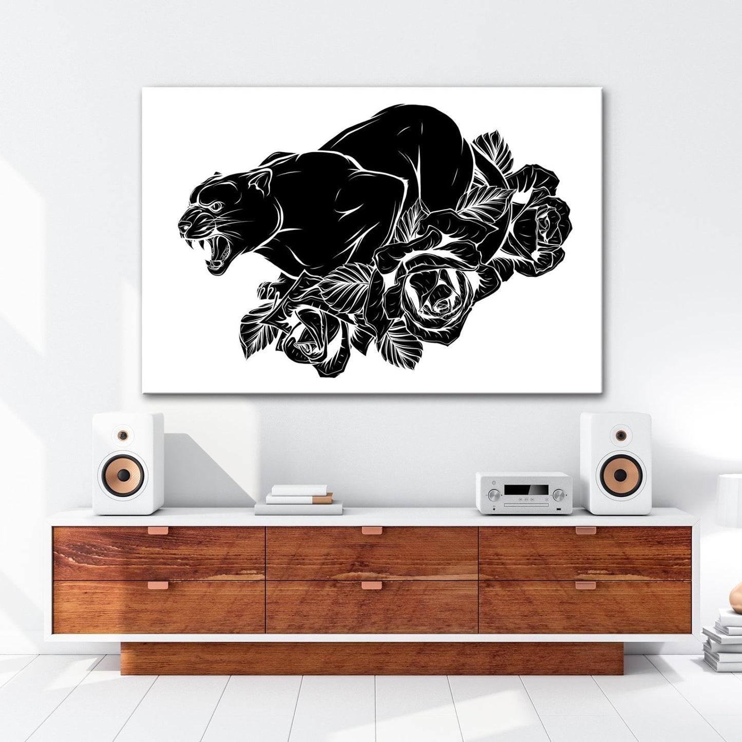 Leinwandbild Fauchender Panther, umgeben von Rosen voller dunkler Eleganz - deyoli
