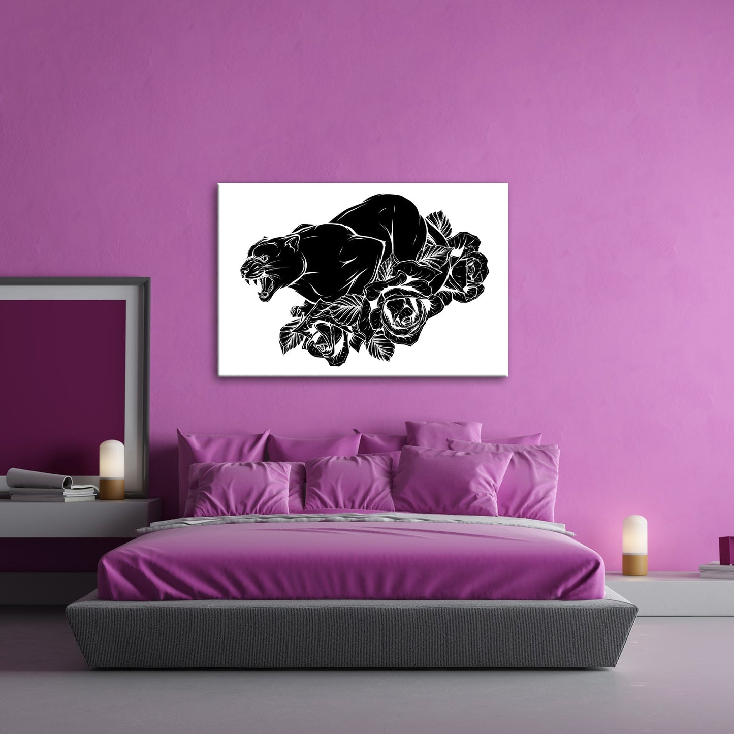 Leinwandbild Fauchender Panther, umgeben von Rosen voller dunkler Eleganz - deyoli
