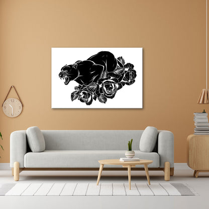 Leinwandbild Fauchender Panther, umgeben von Rosen voller dunkler Eleganz - deyoli