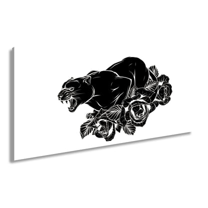 Leinwandbild Fauchender Panther, umgeben von Rosen voller dunkler Eleganz - deyoli