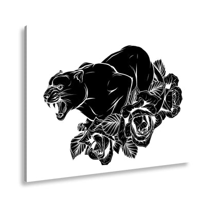 Leinwandbild Fauchender Panther, umgeben von Rosen voller dunkler Eleganz - deyoli