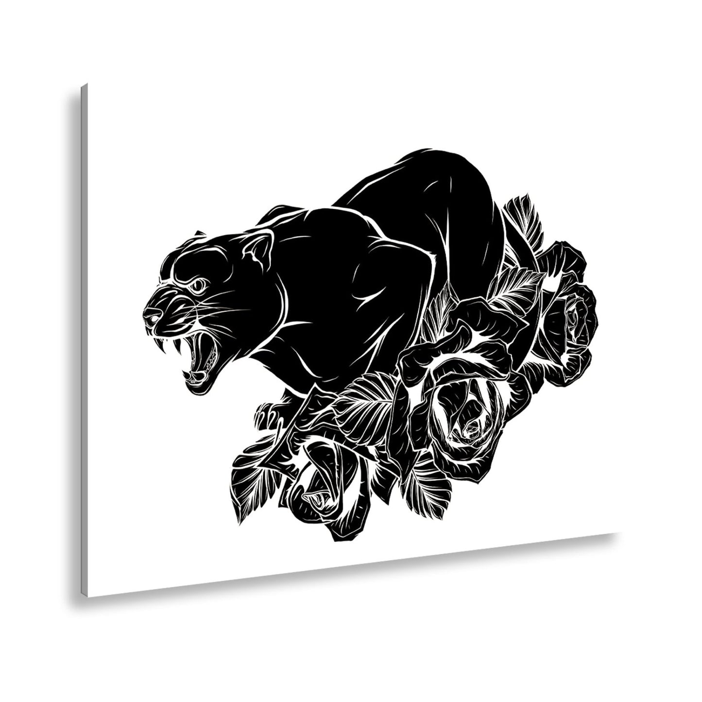 Leinwandbild Fauchender Panther, umgeben von Rosen voller dunkler Eleganz - deyoli