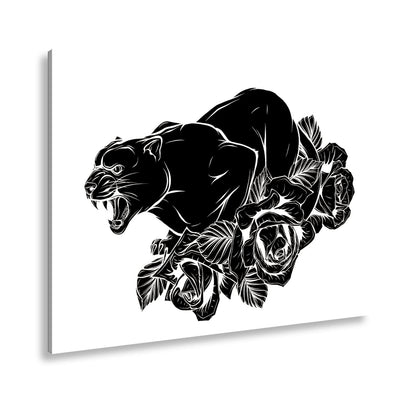 Leinwandbild Fauchender Panther, umgeben von Rosen voller dunkler Eleganz - deyoli