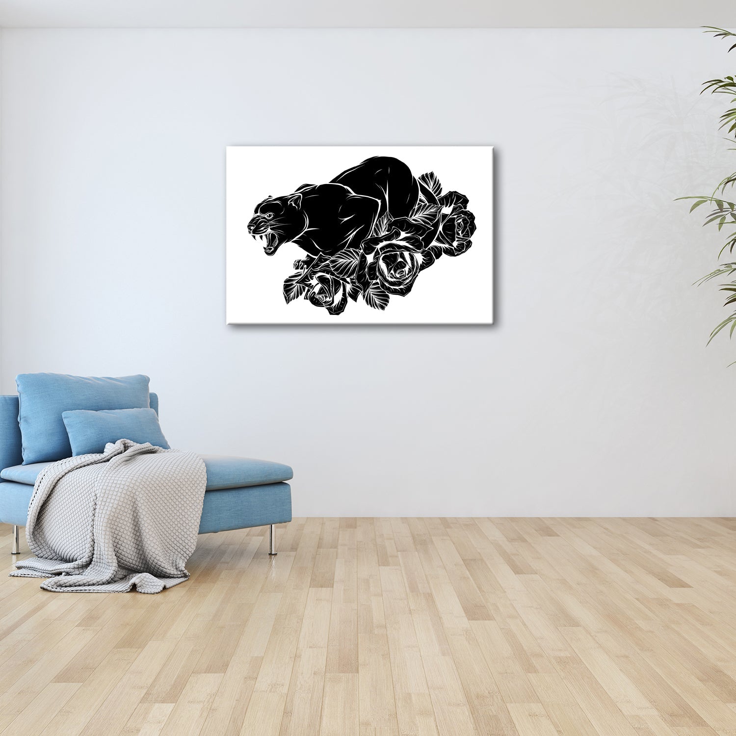 Leinwandbild Fauchender Panther, umgeben von Rosen voller dunkler Eleganz - deyoli