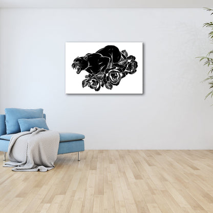 Leinwandbild Fauchender Panther, umgeben von Rosen voller dunkler Eleganz - deyoli