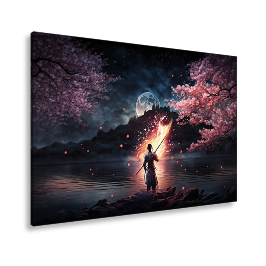 Leinwandbild Feuerlanze und Kirschblüten im Schein des vollen Mondes. - deyoli