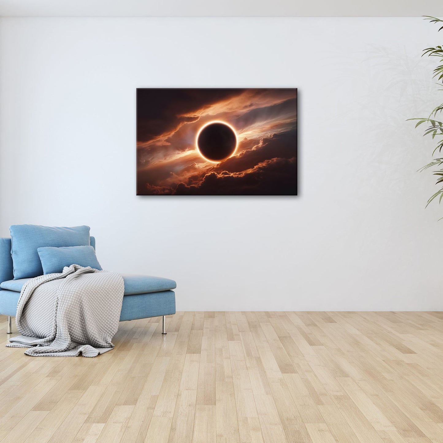 Leinwandbild Feurige Sonnenfinsternis bricht durch dramatische Himmelswolken - deyoli