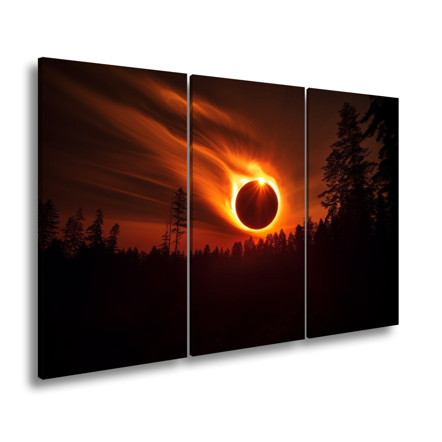 Leinwandbild Feurige Sonnenfinsternis über dunklem Wald XXL - Premium Wanddeko - deyoli