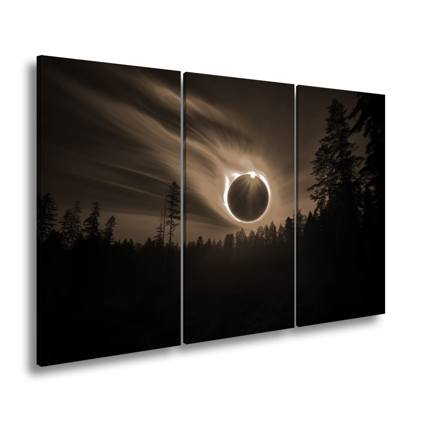 Leinwandbild Feurige Sonnenfinsternis über dunklem Wald XXL - Premium Wanddeko - deyoli