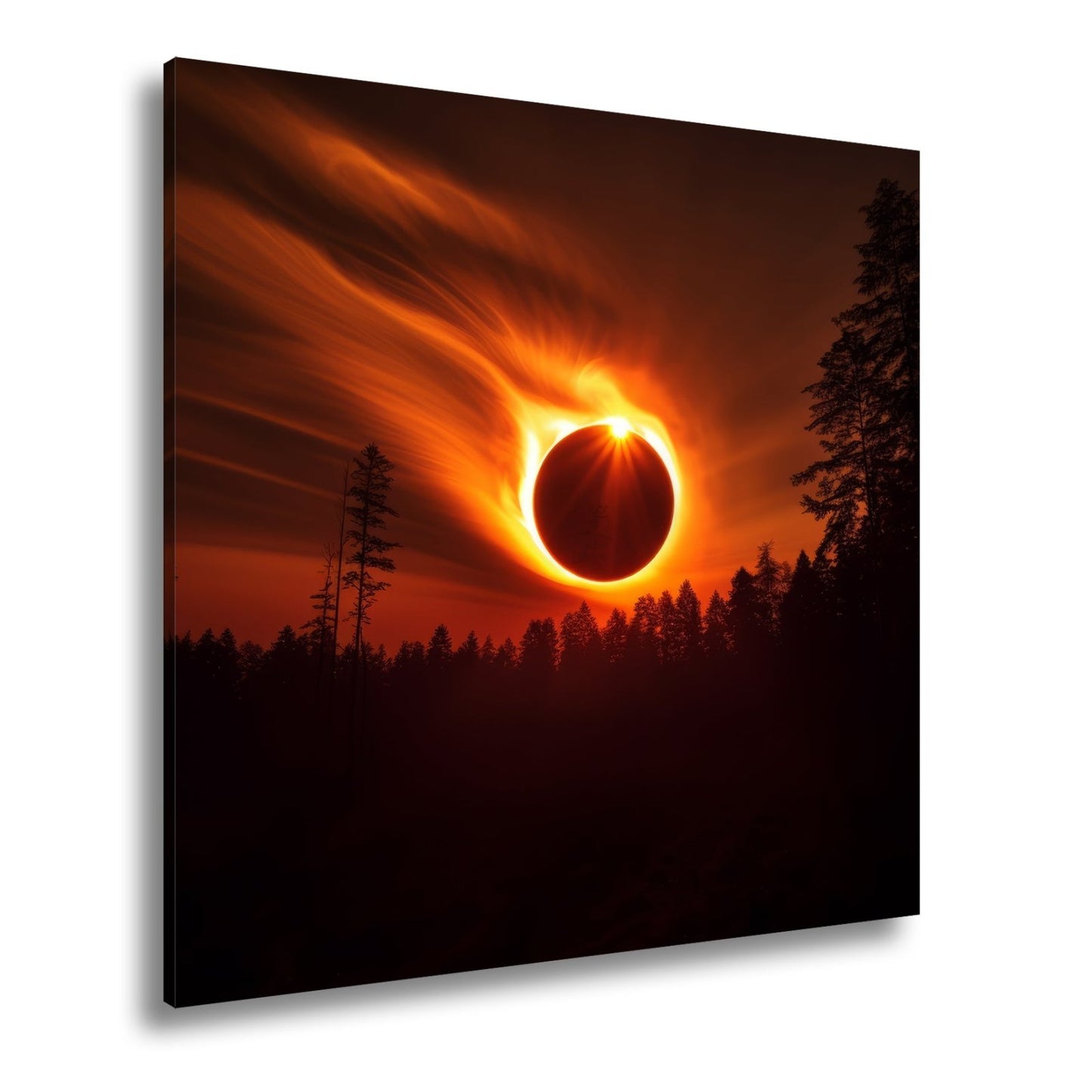 Leinwandbild Feurige Sonnenfinsternis über dunklem Wald XXL - Premium Wanddeko - deyoli
