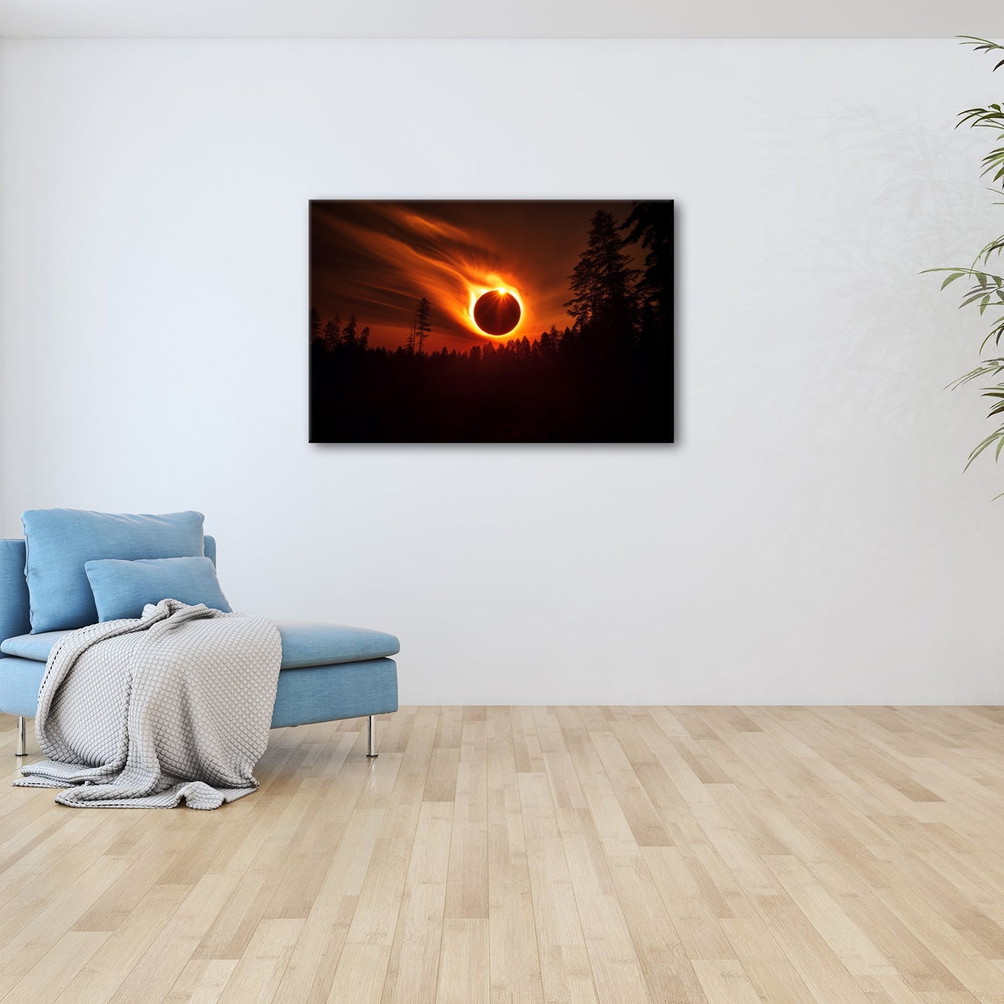 Leinwandbild Feurige Sonnenfinsternis über dunklem Wald XXL - Premium Wanddeko - deyoli