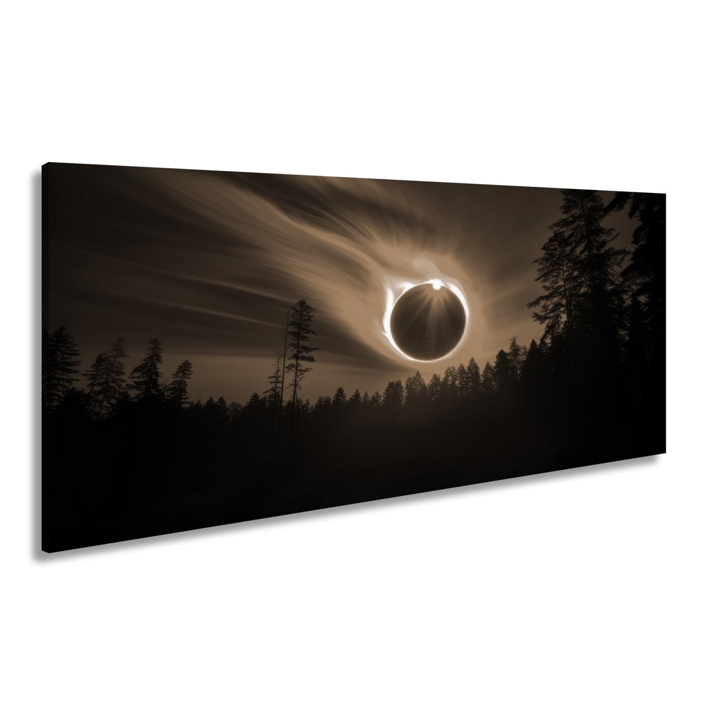 Leinwandbild Feurige Sonnenfinsternis über dunklem Wald XXL - Premium Wanddeko - deyoli
