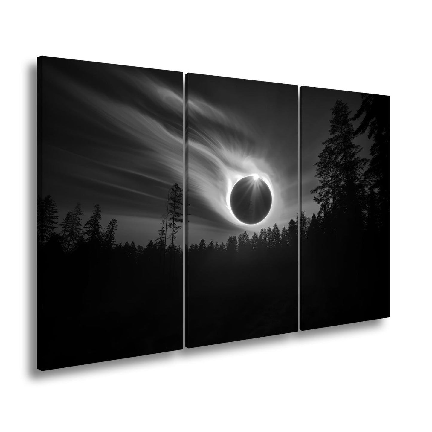 Leinwandbild Feurige Sonnenfinsternis über dunklem Wald XXL - Premium Wanddeko - deyoli