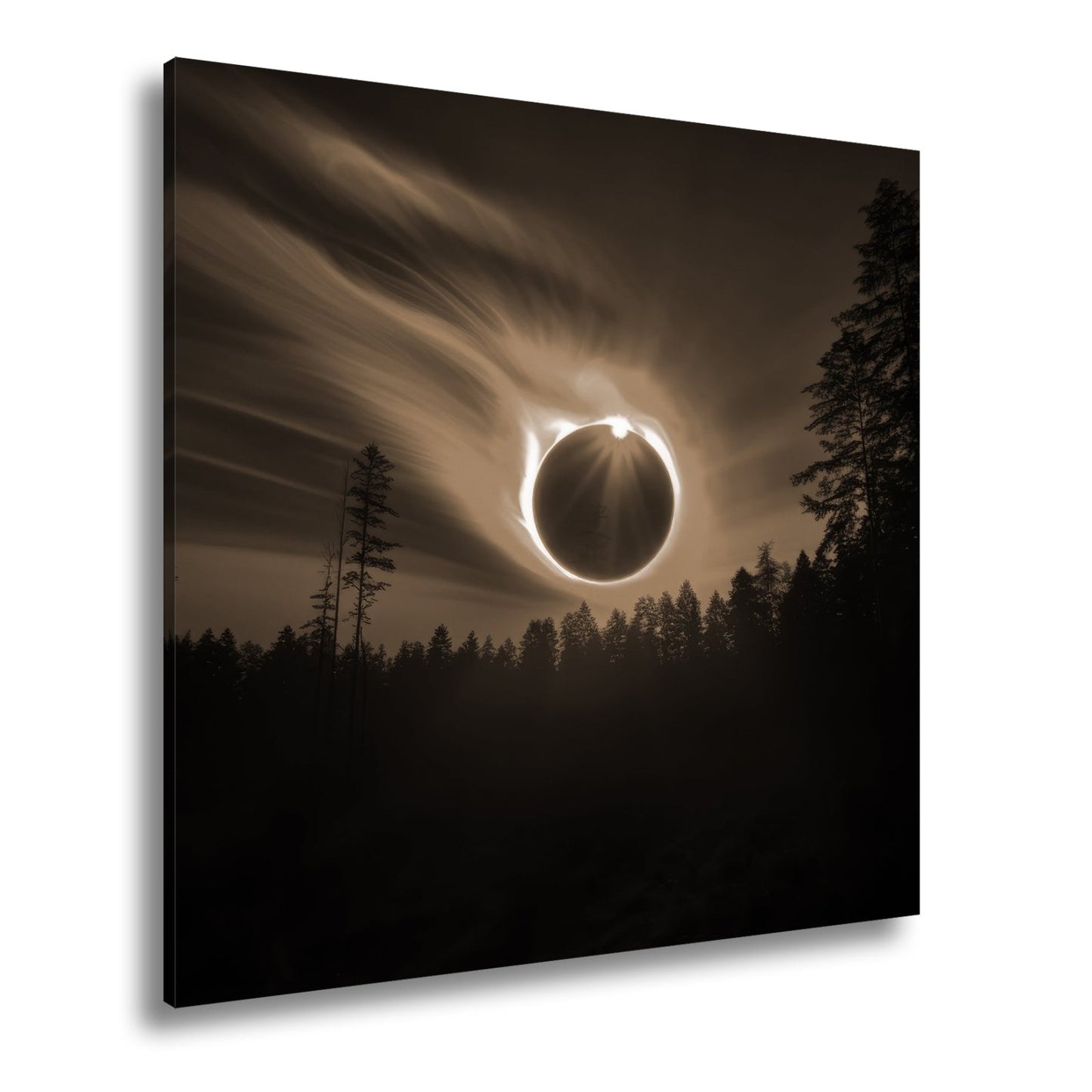 Leinwandbild Feurige Sonnenfinsternis über dunklem Wald XXL - Premium Wanddeko - deyoli