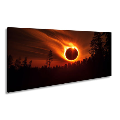 Leinwandbild Feurige Sonnenfinsternis über dunklem Wald XXL - Premium Wanddeko - deyoli