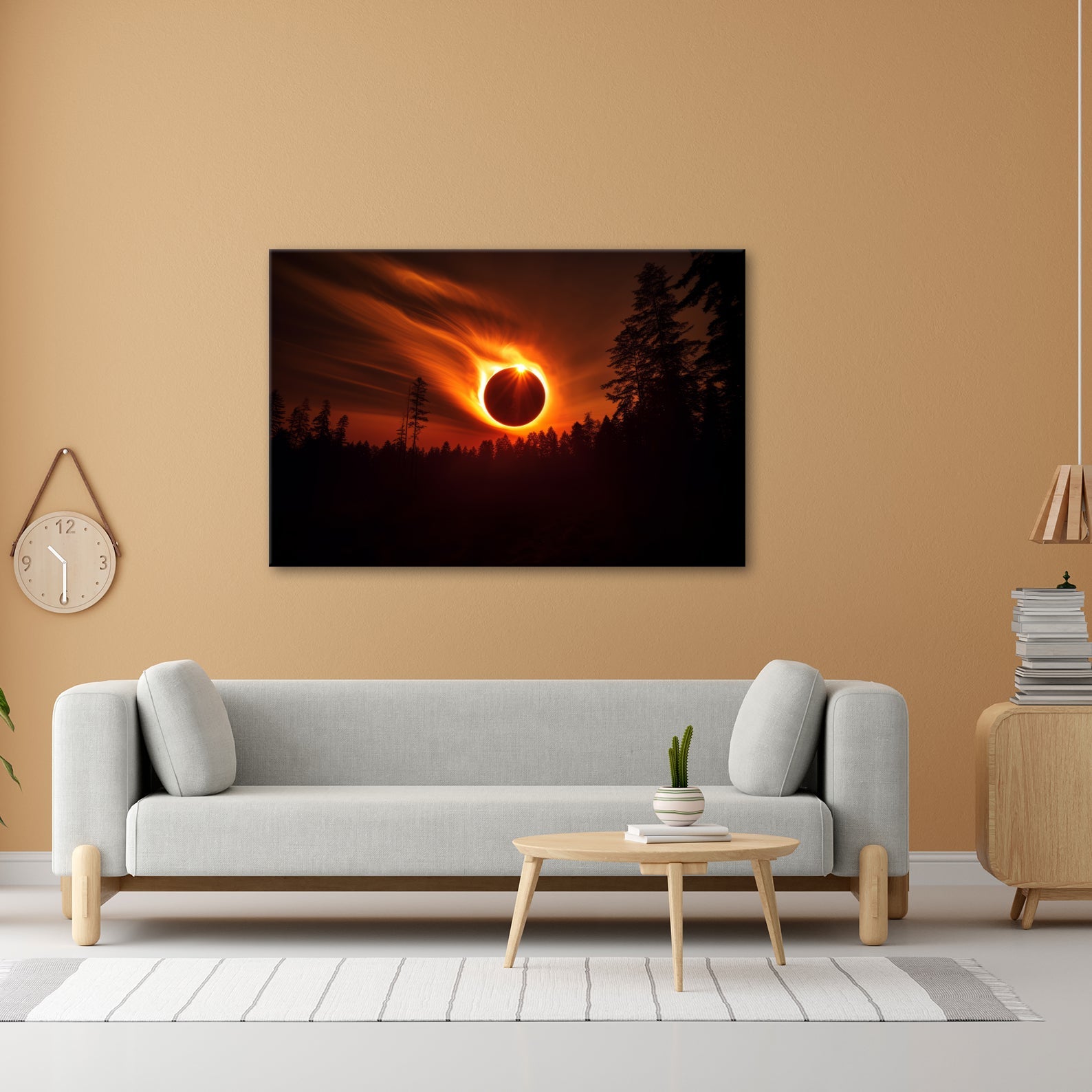 Leinwandbild Feurige Sonnenfinsternis über dunklem Wald XXL - Premium Wanddeko - deyoli