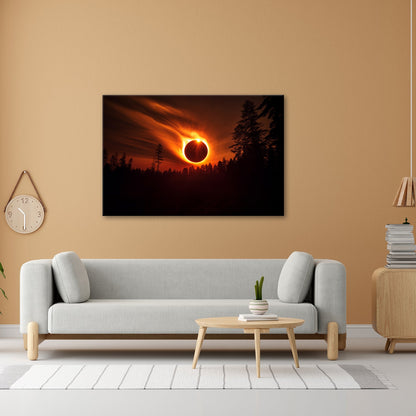 Leinwandbild Feurige Sonnenfinsternis über dunklem Wald XXL - Premium Wanddeko - deyoli