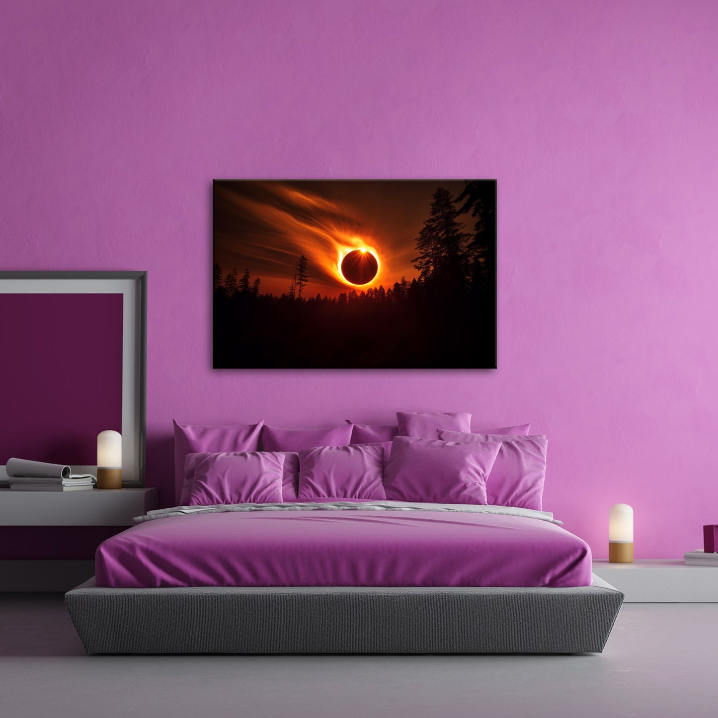 Leinwandbild Feurige Sonnenfinsternis über dunklem Wald XXL - Premium Wanddeko - deyoli