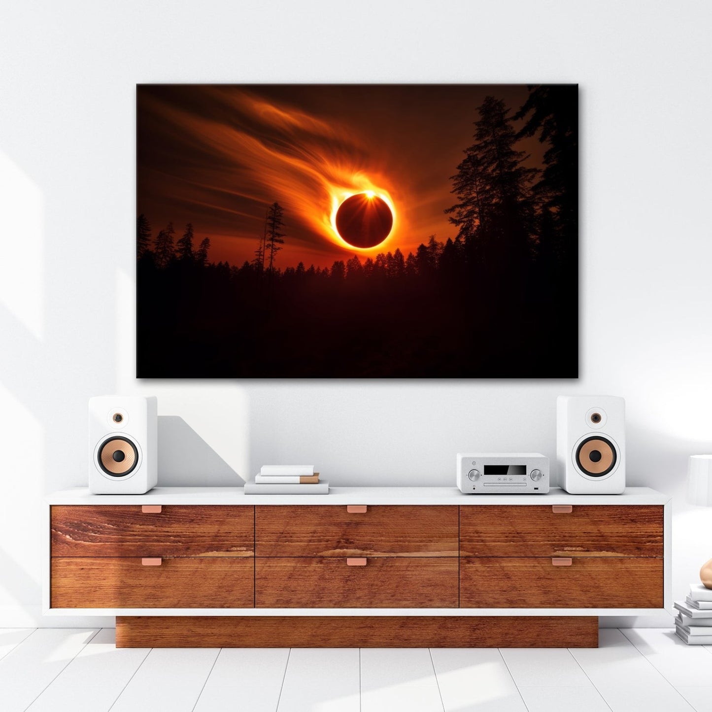 Leinwandbild Feurige Sonnenfinsternis über dunklem Wald XXL - Premium Wanddeko - deyoli