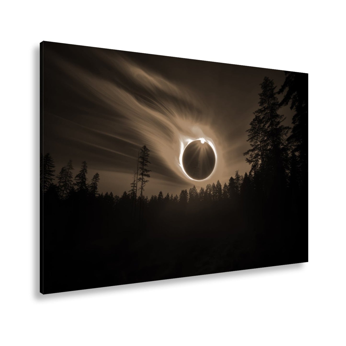 Leinwandbild Feurige Sonnenfinsternis über dunklem Wald XXL - Premium Wanddeko - deyoli