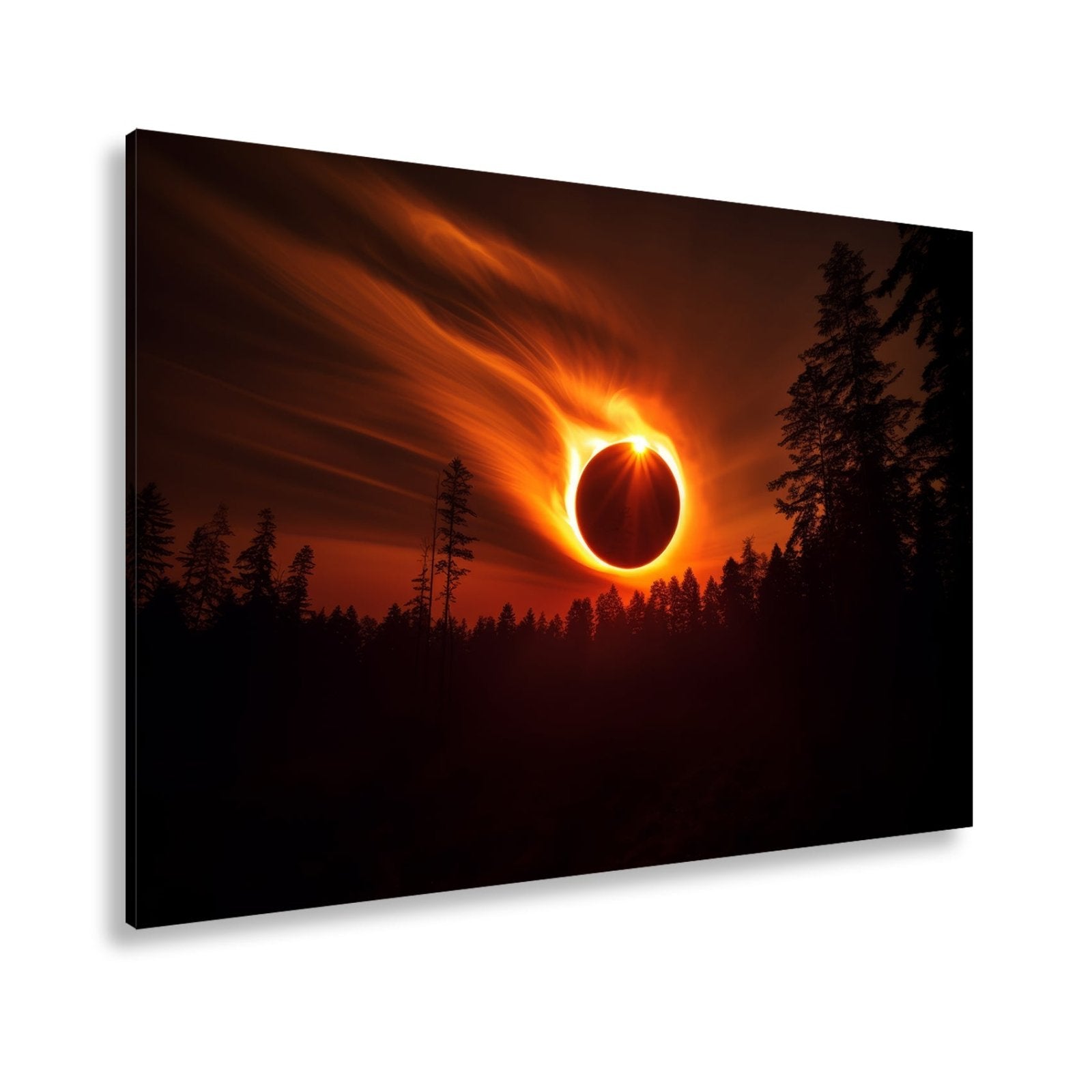 Leinwandbild Feurige Sonnenfinsternis über dunklem Wald XXL - Premium Wanddeko - deyoli