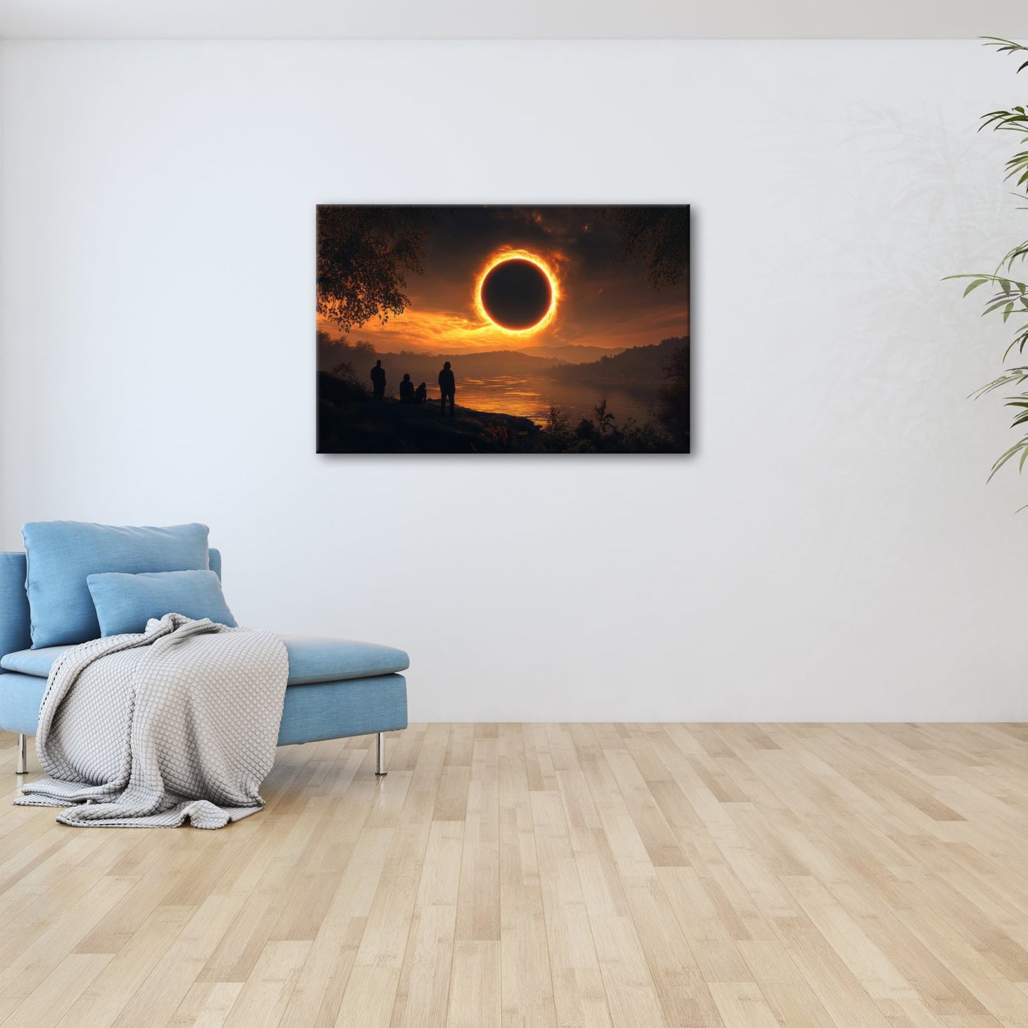 Leinwandbild Flammender Sonnenring – Über stiller Landschaft XXL - deyoli