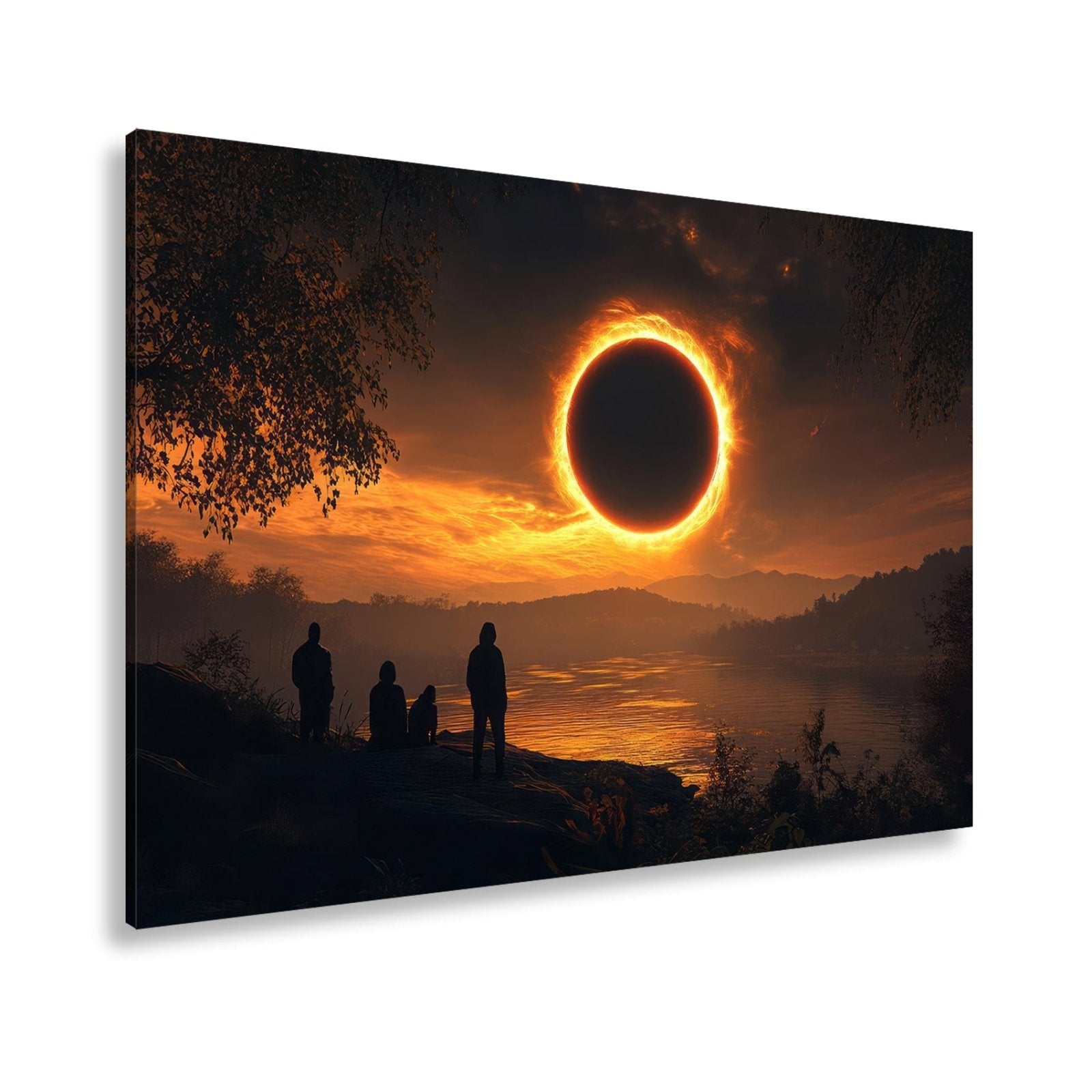 Leinwandbild Flammender Sonnenring – Über stiller Landschaft XXL - deyoli