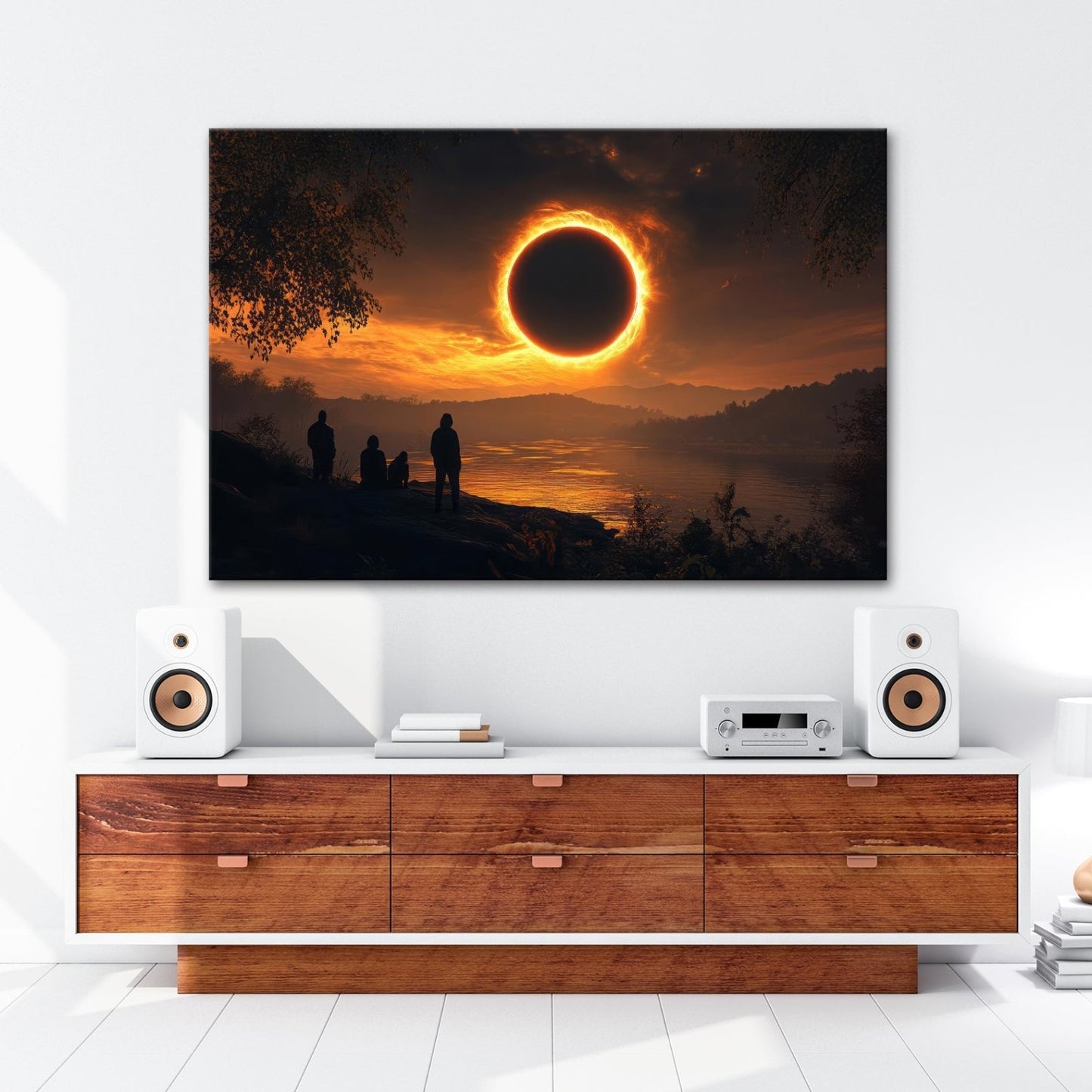 Leinwandbild Flammender Sonnenring – Über stiller Landschaft XXL - deyoli