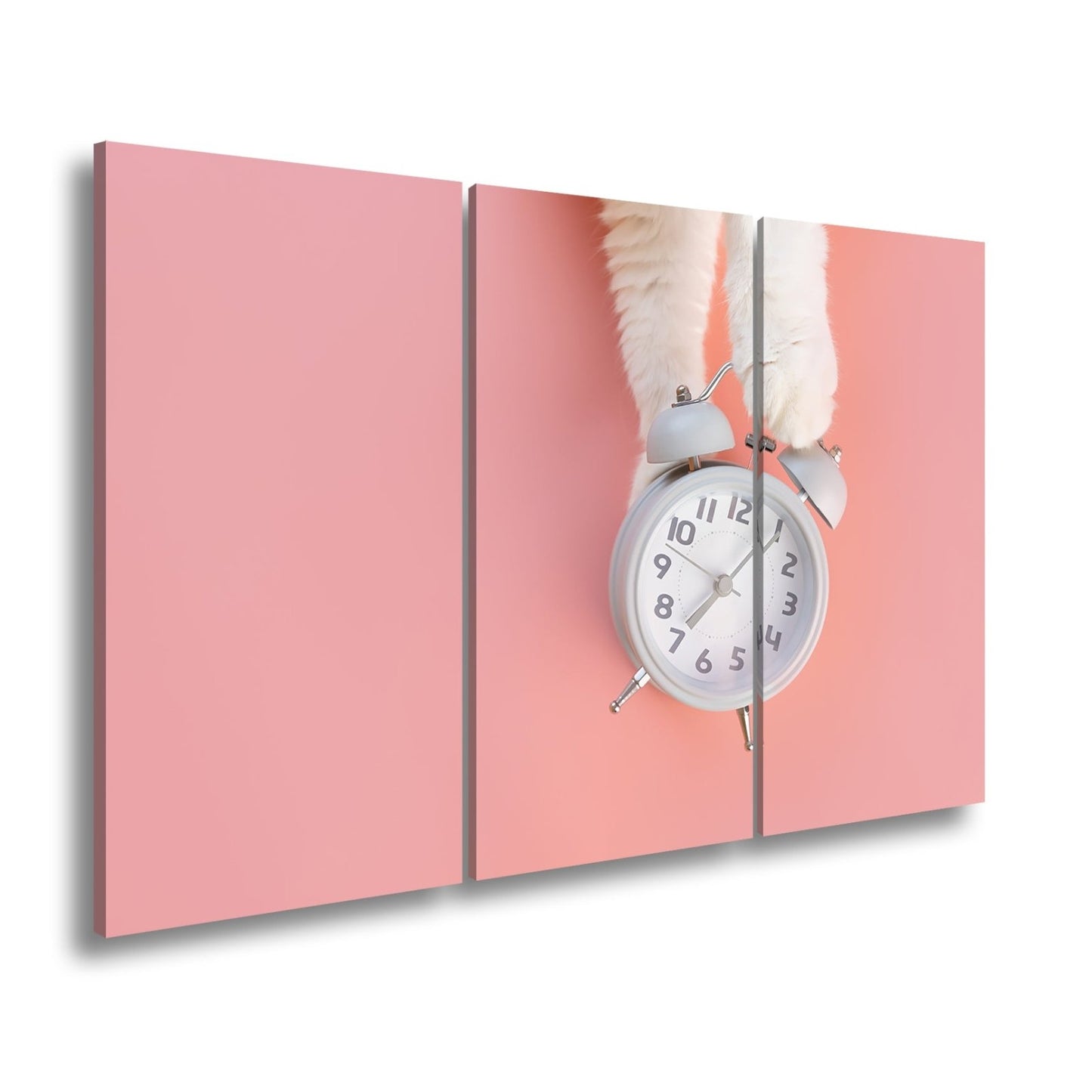 Leinwandbild Flauschige Pfoten halten die Zeit auf rosa Grund. - deyoli