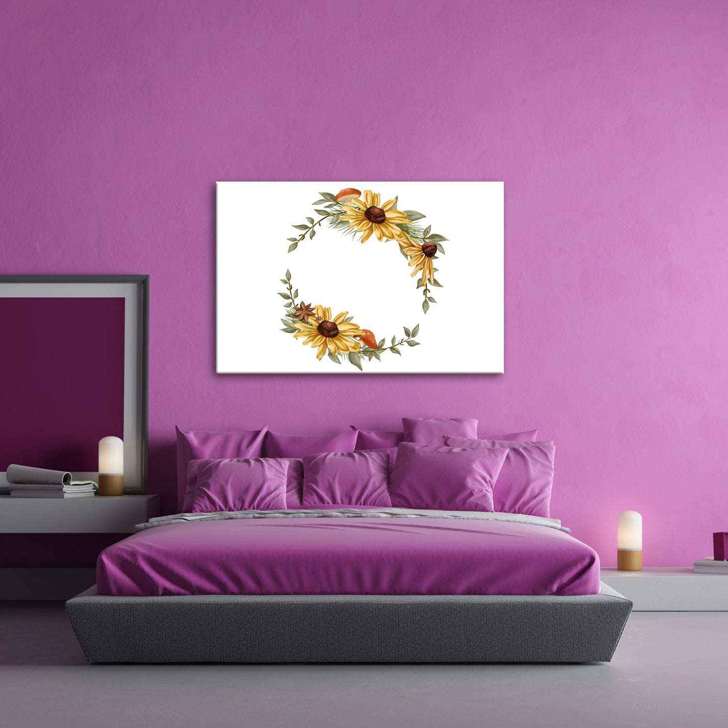 Leinwandbild Floraler Kranz aus Sonnenblumen und Waldakzenten - deyoli