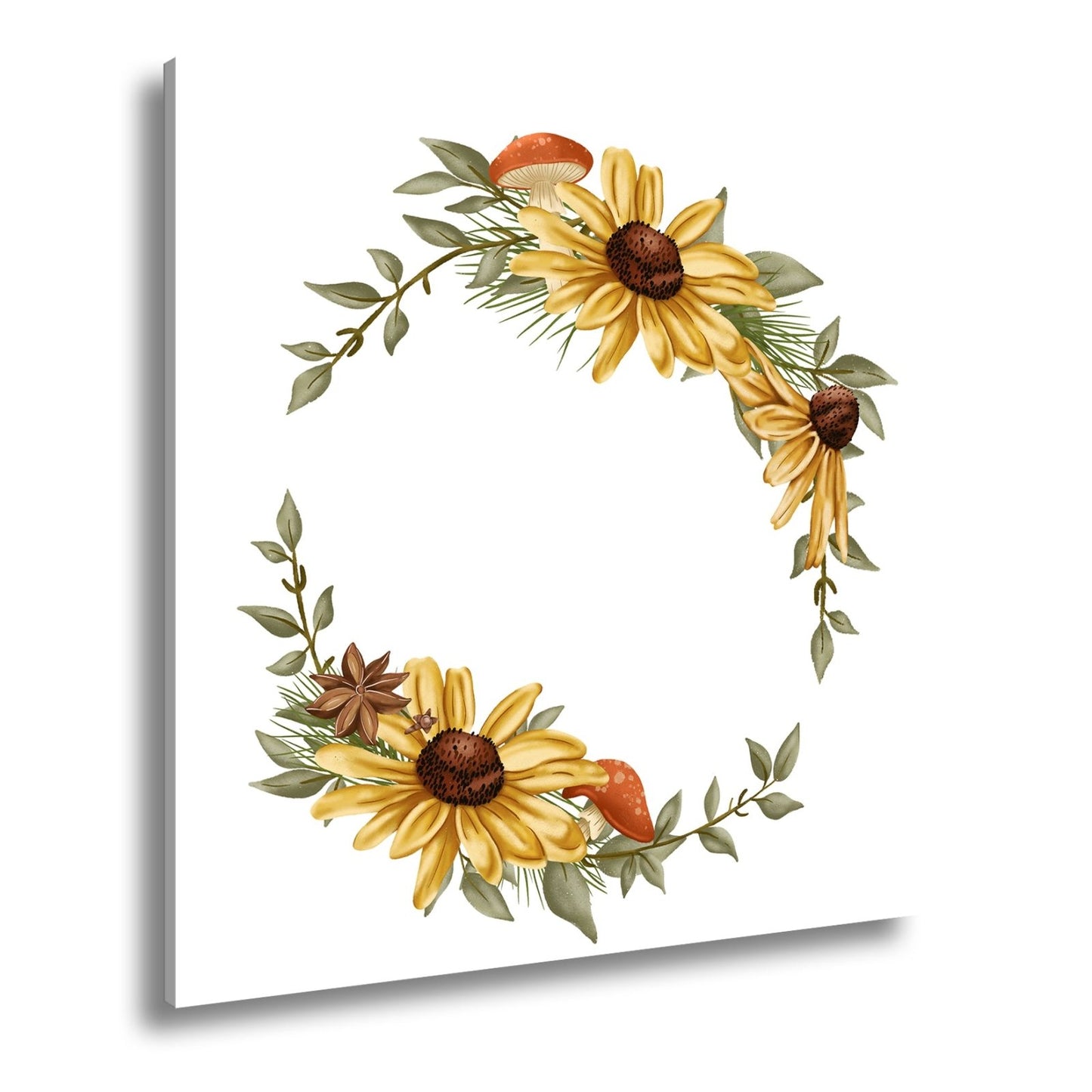 Leinwandbild Floraler Kranz aus Sonnenblumen und Waldakzenten - deyoli