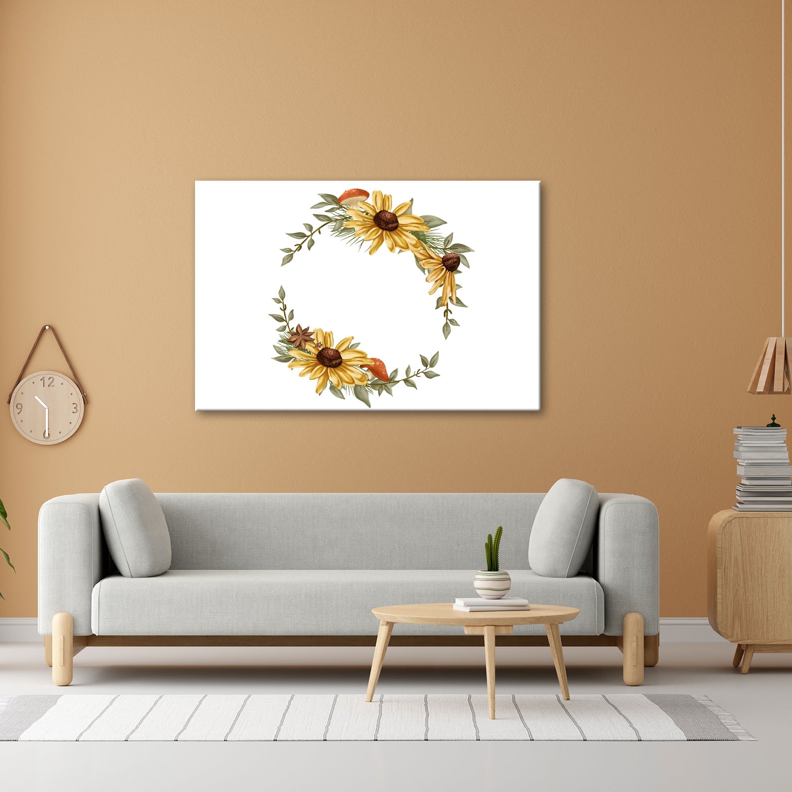 Leinwandbild Floraler Kranz aus Sonnenblumen und Waldakzenten - deyoli