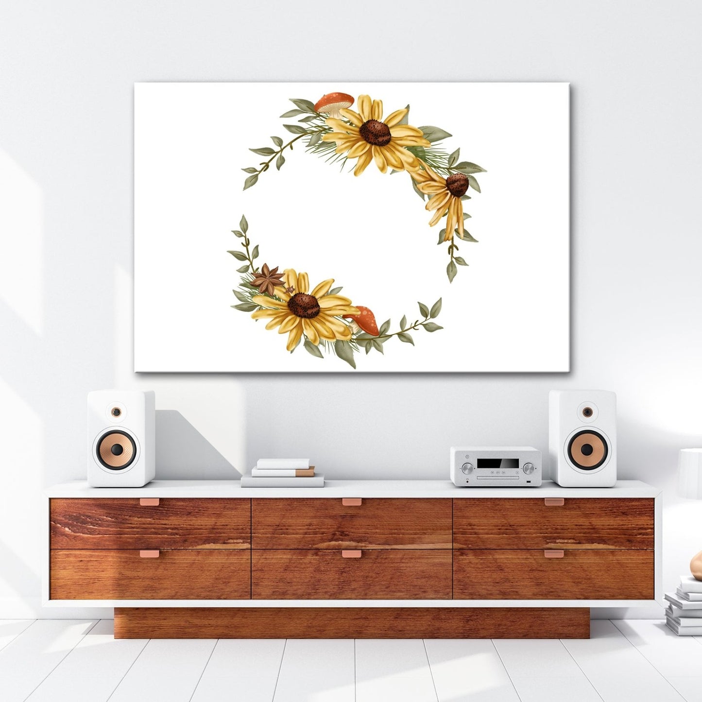 Leinwandbild Floraler Kranz aus Sonnenblumen und Waldakzenten - deyoli