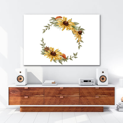 Leinwandbild Floraler Kranz aus Sonnenblumen und Waldakzenten - deyoli