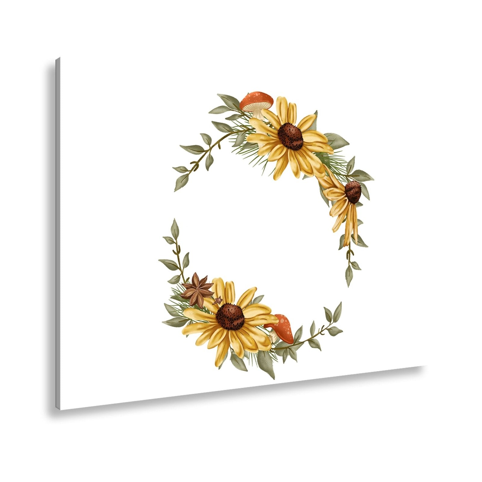 Leinwandbild Floraler Kranz aus Sonnenblumen und Waldakzenten - deyoli