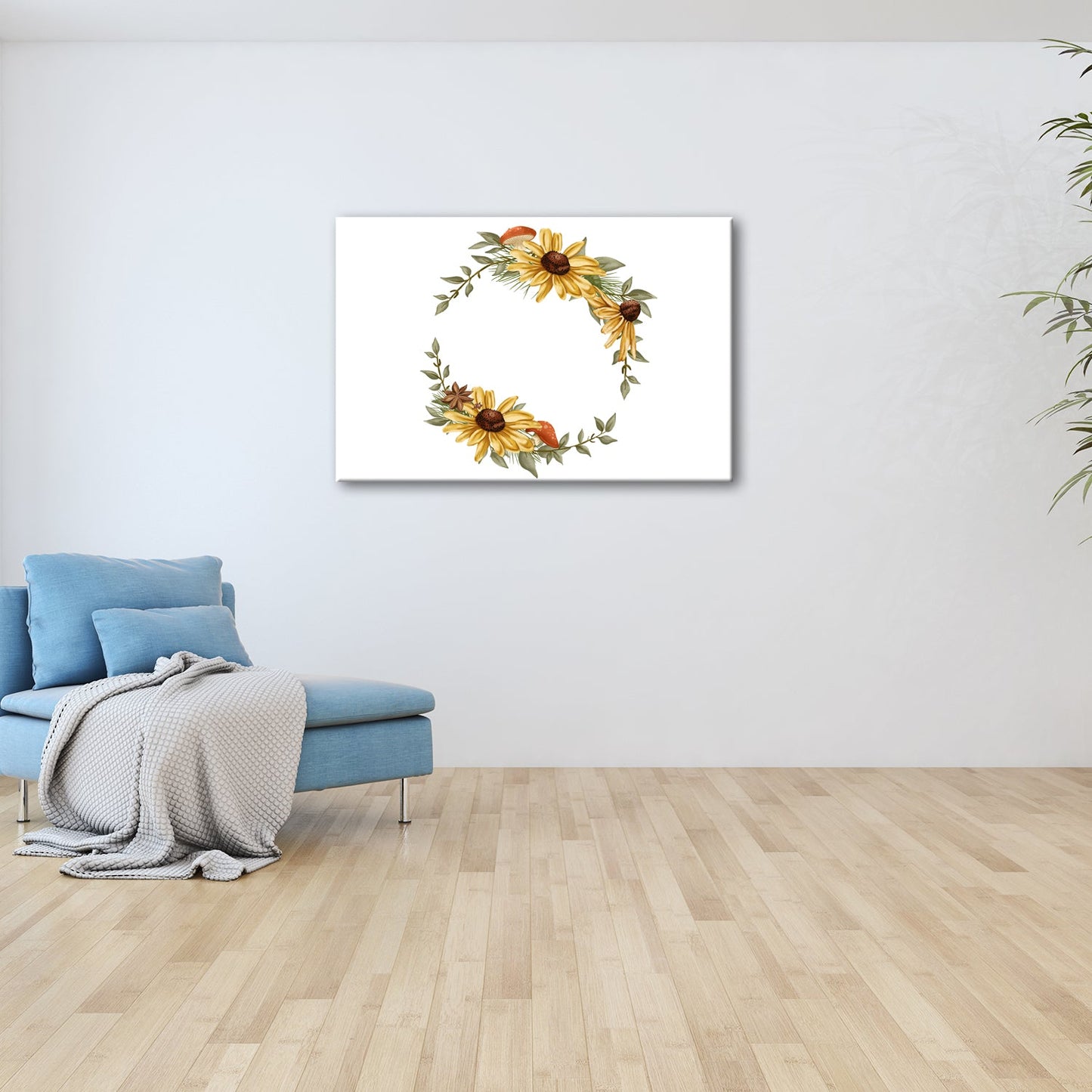 Leinwandbild Floraler Kranz aus Sonnenblumen und Waldakzenten - deyoli