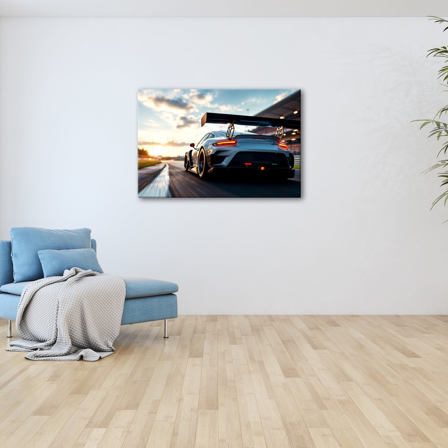 Leinwandbild Flügel aus Carbon rasen ins goldene Licht XXL – Auto Rennstrecke - deyoli