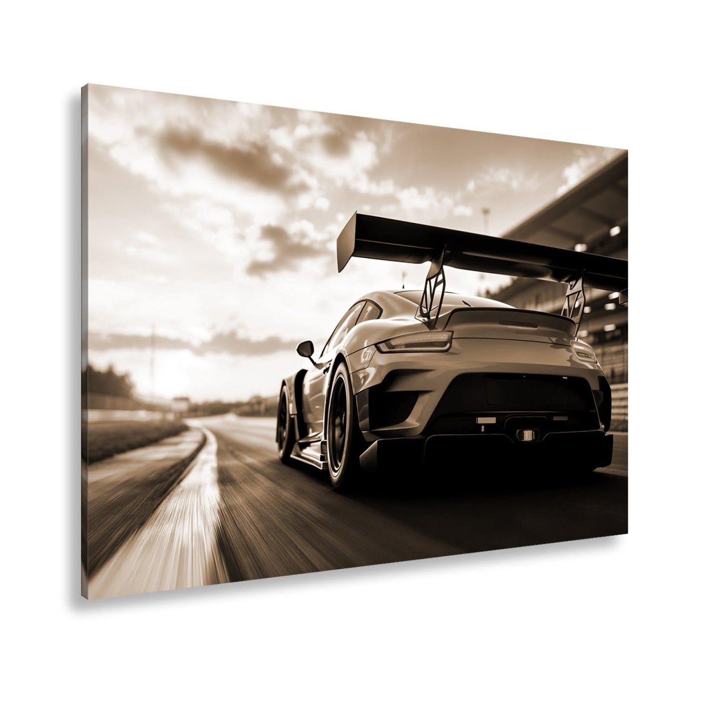 Leinwandbild Flügel aus Carbon rasen ins goldene Licht XXL – Auto Rennstrecke - deyoli