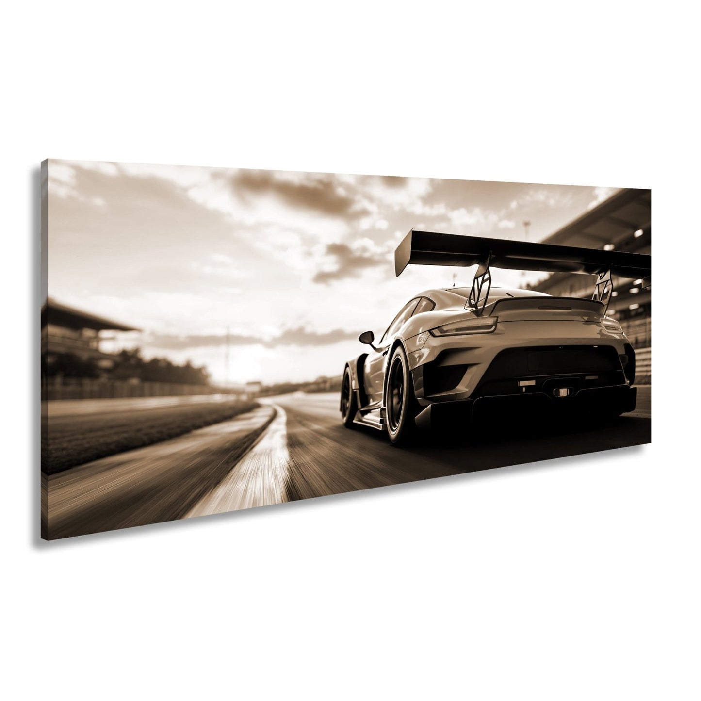 Leinwandbild Flügel aus Carbon rasen ins goldene Licht XXL – Auto Rennstrecke - deyoli