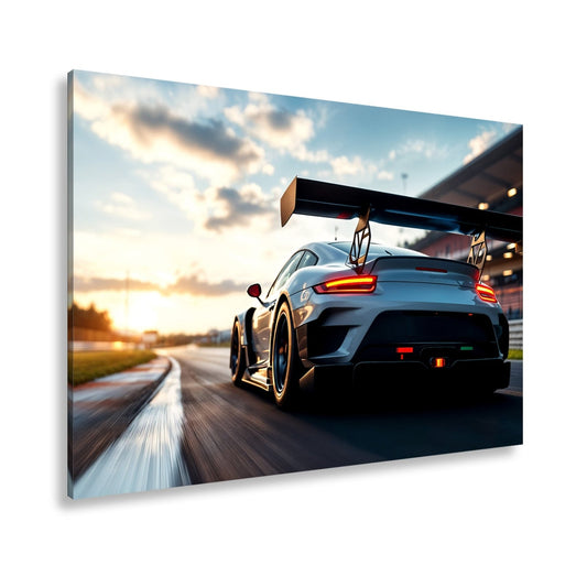 Leinwandbild Flügel aus Carbon rasen ins goldene Licht XXL – Auto Rennstrecke - deyoli
