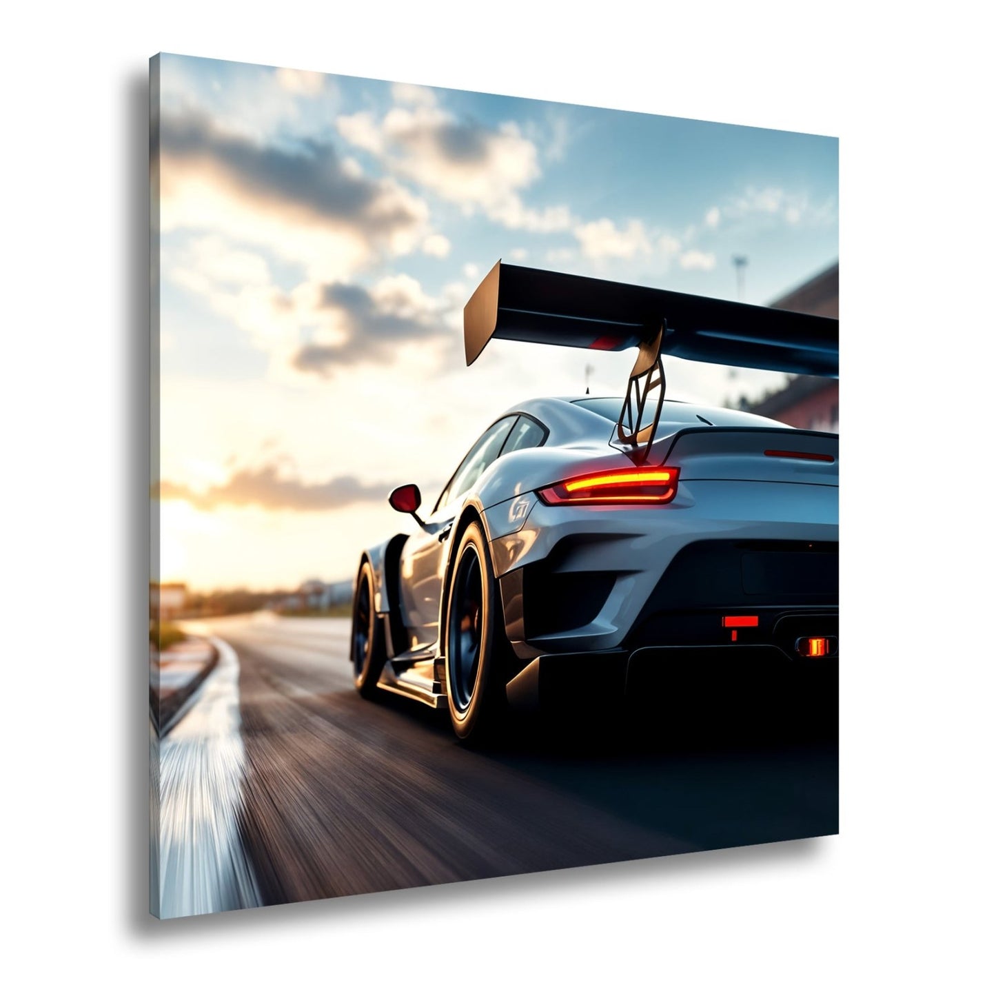 Leinwandbild Flügel aus Carbon rasen ins goldene Licht XXL – Auto Rennstrecke - deyoli