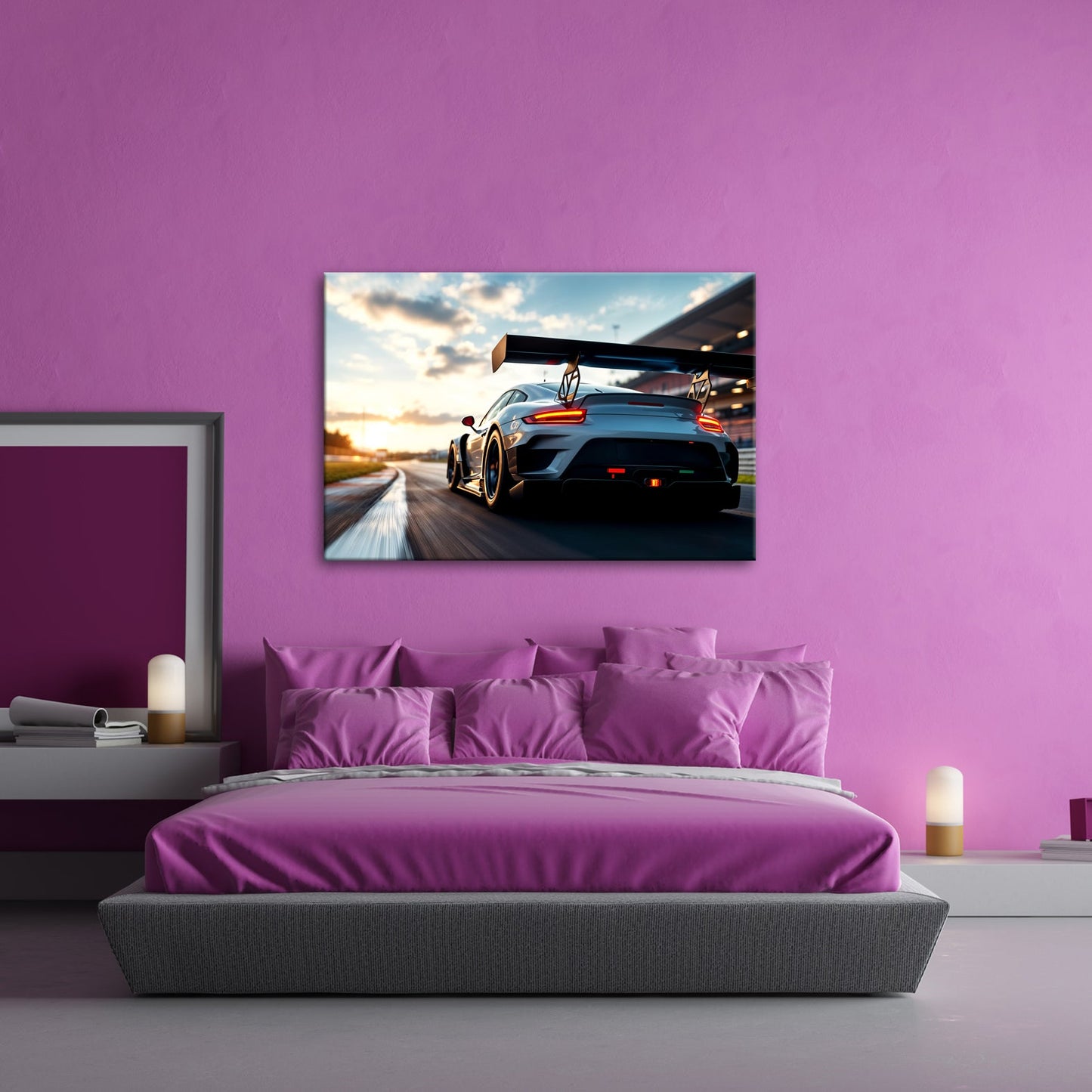 Leinwandbild Flügel aus Carbon rasen ins goldene Licht XXL – Auto Rennstrecke - deyoli