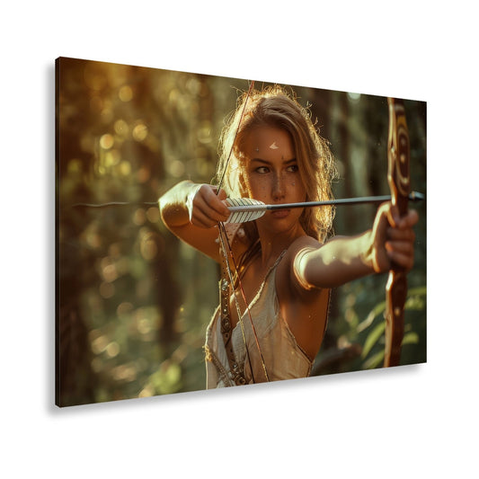Leinwandbild Fokussierte Kriegerin im goldenen Waldlicht, bereit zum Schuss - deyoli