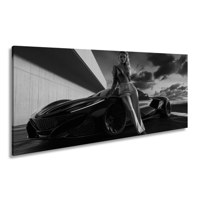Leinwandbild Frau mit Sportwagen – Futuristisches Auto XXL Wandbild - deyoli