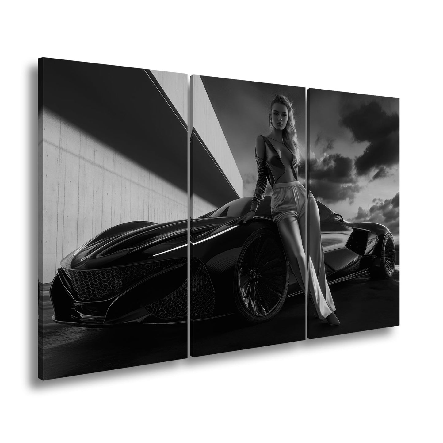 Leinwandbild Frau mit Sportwagen – Futuristisches Auto XXL Wandbild - deyoli